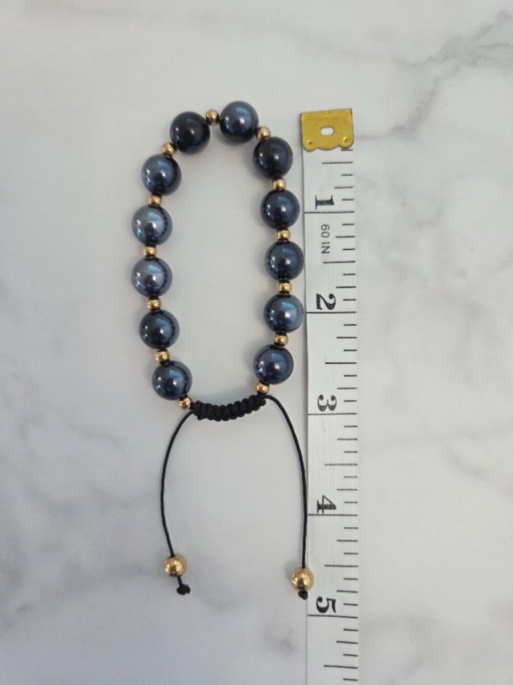Unisex Dark Metallic Gray Bead Adjustable Macrame Bracelet Gold Accents - Picture 11 of 11